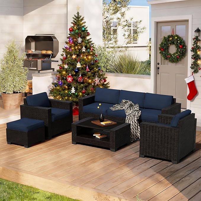 7 Pieces Patio Furniture Set Wicker Outdoor Furniture All-Weather Outdoor Sofa with Thick Cushions & Coffee Table Patio Conversation Set for Lawn, Balcony, Deck, Poolside, Darkbrown&Prussian Blue