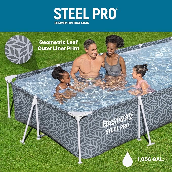 Bestway Steel Pro 12' x 6' 7" x 26" Rectangle Above Ground Outdoor Swimming Pool Set with DuraPlus Liner and FrameLink System, Gray