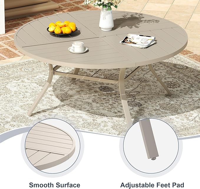 VICLLAX 11 Pieces Patio Outdoor Dining Set, 63" Round Metal Table with Umbrella Hole and 10 Stackable Textilene Chairs for Patio, Lawn, Garden, Porch, Sandshell