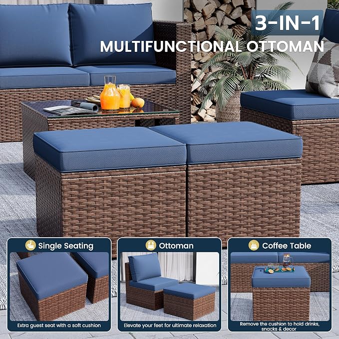 Amopatio Patio Furniture Set with Fire Pit Table, All-Weather Wicker Outdoor Conversation Sofa Set with Glass Coffee Table, Cushions & Ottomans for Deck Backyard Porch Lawn Blue