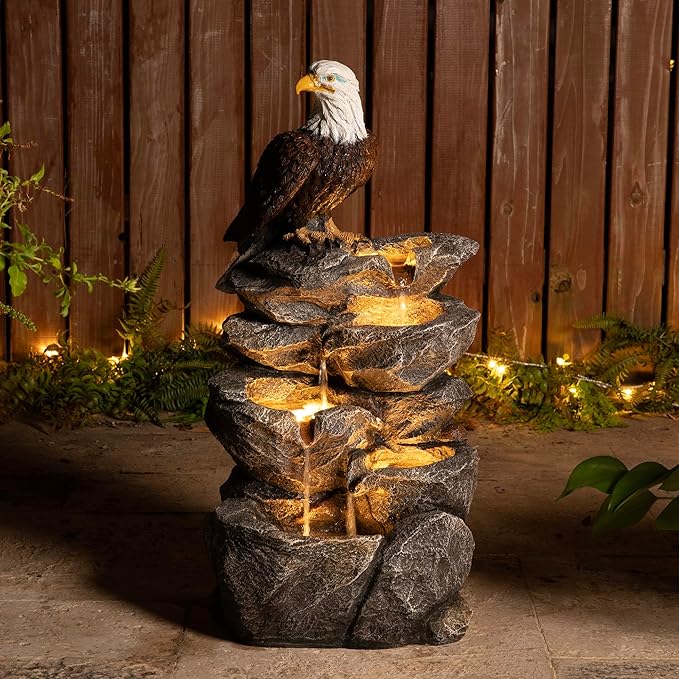 Glitzhome Outdoor Water Fountain with Lights, 4-Tiered Eagel Outdoor Fountain, 25.25" H Polyresin Decorative Waterfall Feature Garden Fountain with Pump for Garden, Patio, Yard, Deck, Porch Decor
