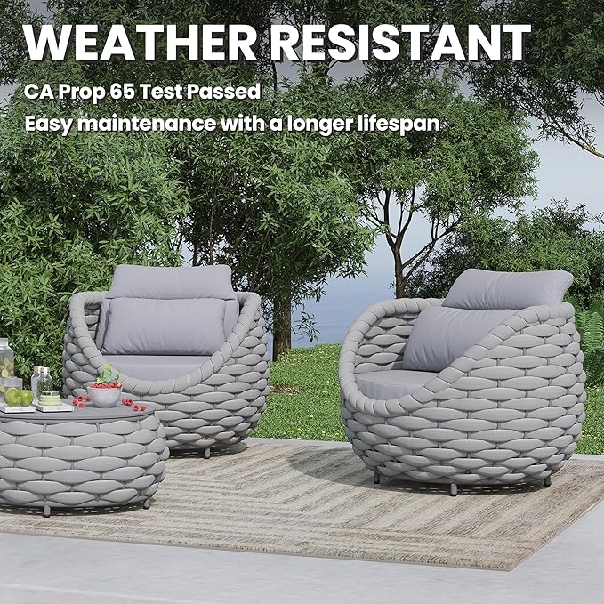 Front Porch Furniture Set: 3 Pieces Aluminum Patio Conversation Sofa Set for 2 - All Weather Woven Rope Outdoor Armchair Set w/Cushions No Assembly for Bistro Pool Yard Balcony Deck Hotel, Gray