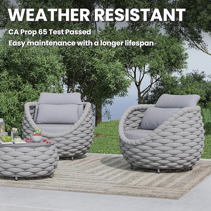 Front Porch Furniture Set: 3 Pieces Aluminum Patio Conversation Set - Assembled Outdoor Sofa Set - Woven Rope Armchair Couch Set - Modern Cushions Set for 400lbs Deck Balcony Bistro Hotel, Gray