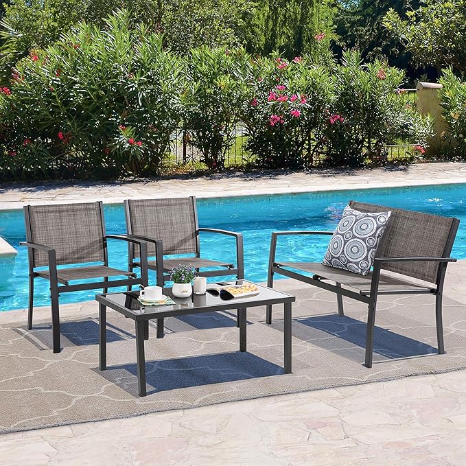 Vongrasig 4 Piece Outdoor Patio Furniture Sets, Modern Textilene Bistro Set Patio Conversation Set with Loveseat, Glass Tea Table for Home Lawn Balcony Porch Backyard(Brown)