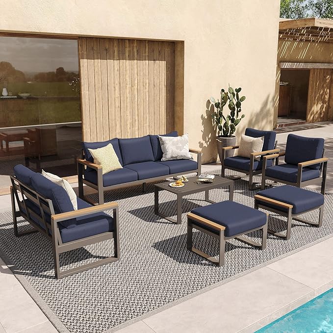 Sundale Outdoor Aluminum Patio Furniture Set, 7 Piece Outdoor Conversation Sets with Coffee Table, Ottoman and Washable Thick Cushions, All Weather Outdoor Sectional Set for Deck, Lawn (Navy Blue)