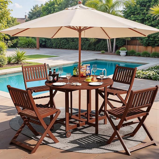 Greesum 5 Piece Patio Dining Set Outdoor Acacia Wood Furniture All-Weather Folding Round Table and Chairs for Backyard, Balcony, Porch, Deck, Garden, Dark Brown