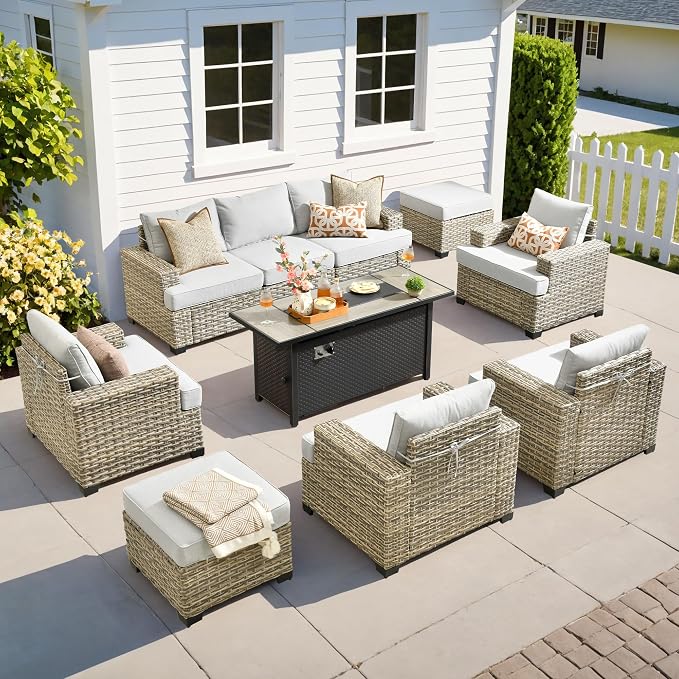 10 Pcs Outdoor Sectional Patio Furniture Set with Fire Pit Table - All Weather Wicker Modular Outside Sectional Couch,Patio Seating Outdoor Conversation Sets for Deck Yard Garden,Grey