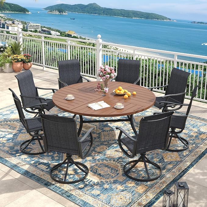 Outdoor Dining Set for 8, 60.1" Metal Round Outdoor Dining Table with Umbrella Hole and Sling Patio Swivel Chairs, 9 Pieces Patio Table and Chairs Set for Garden Backyard, Charcoal and Walnut
