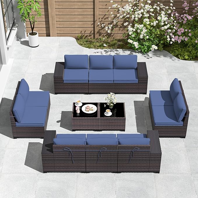 Gotland 12 Pieces Patio Furniture Set, Wicker Outdoor Sectional with Wide Armrests 29.5'' High Backrest 4'' Thick Waterproof Cushions, Oversized Patio Furniture for Deck Garden Navy