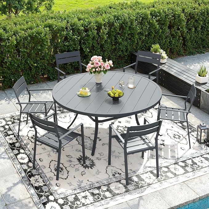 DIFY 7 Piece Outdoor Patio Dining Set for 6, Patio Table and Chairs Set with Umbrella Hole, 50" Round Dining Table and Stackable Metal Chairs for Backyard Garden Poolside, Grey