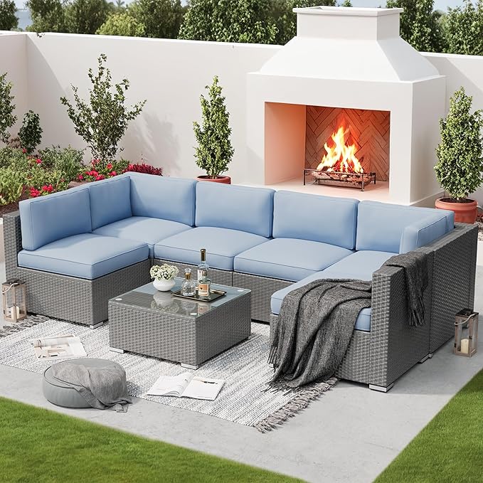 SUNCROWN Outdoor Patio Furniture Set 7 Piece Outdoor Sectional Sofa Grey Wicker Conversation Sofa Set with Coffee Table, Cushions and A Waterproof Cover, Backyard, Garden, Poolside, (Light Blue)