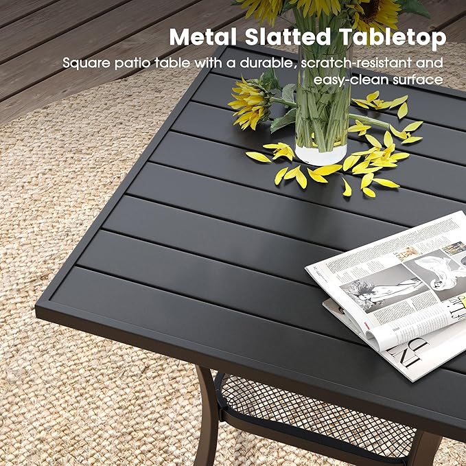 DIFY 3-Piece Outdoor Patio Bistro Dining Set, Black Small Square Dining Table & 2 Red Stackable Metal Chairs with Breathable Fabric, Outdoor Furniture Set for Balcony, Porch, and Deck