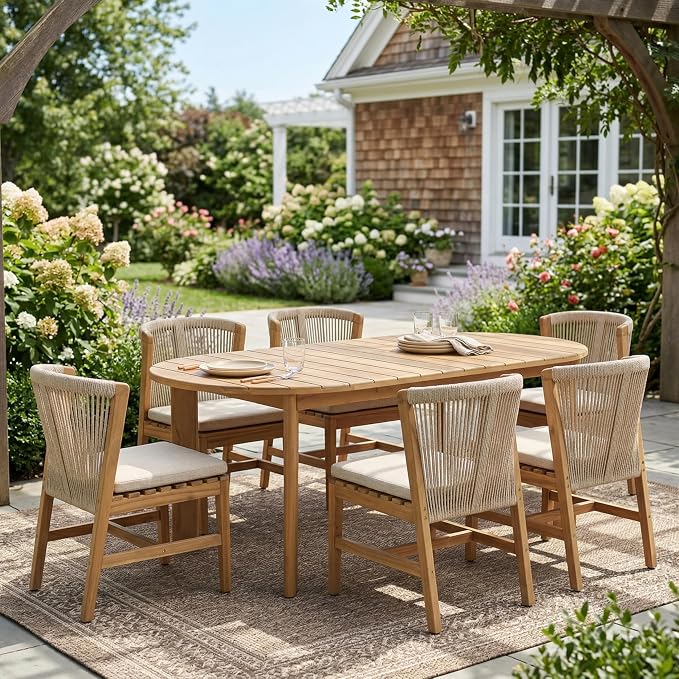 Christopher Knight Home Lisa 7 Piece Dining Table Set For 6, Outdoor Dining Set With Oval Patio Table And Armless Chairs, Acacia Wood Dining Chairs Set With Rope-Woven Backrests, Light Teak+Teak+Beige
