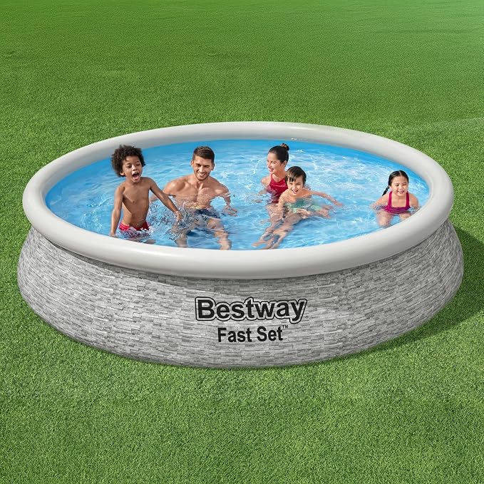 Bestway Fast Set 12' x 30" Round Inflatable Above Ground Swimming Pool Set, Stacked Stone Exterior Outdoor Family Pool with Filter Pump, Gray