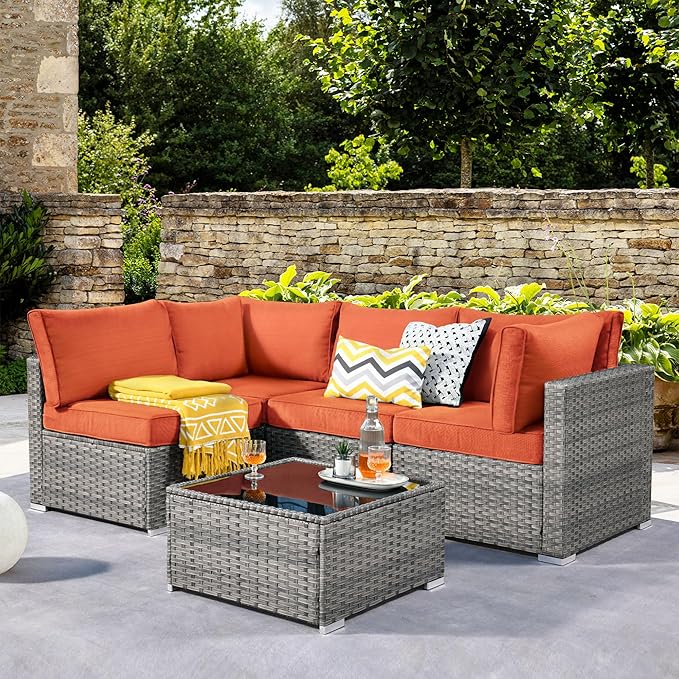 ovios Outdoor 5 Piece Coversation Set with Coffee Table,Sectional Patio Furniture Set with All-Weather Wicker Sofa,Modern Outside Couch for Balcony Backyard Pool, Orange