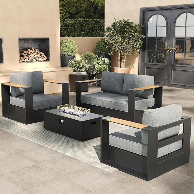 Aluminum Patio Furniture Set, 4 Seats Luxury Seating Furniture with 42" Fire Pit Table, All Weather Outdoor Conversation Sets with 6" Thickened Cushions