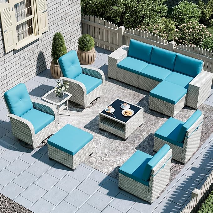 11-Piece Outdoor Patio Furniture Set, Modular Sectional Sofa Set with Swivel Rocker Chairs & Ottomans, Wicker Outdoor Couch Conversation Sets w/Coffee Table and Cushions, Turquoise