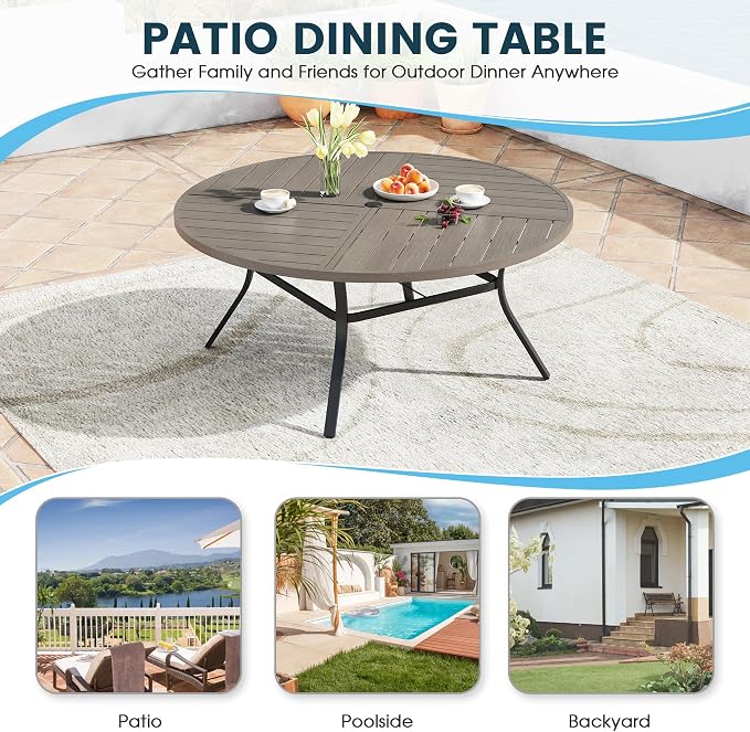 Patio Dining Table for 8-10, Round Metal Outdoor Table with Storage Shelf, 1.57" Umbrella Hole, 60" Outdoor Quartered Tabletop Dining Table for Backyard, Porch, Lawn, Grey