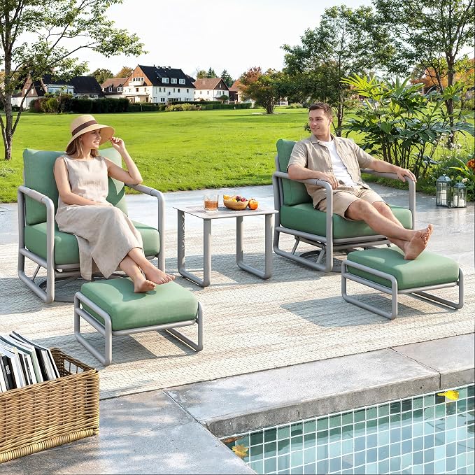 5-Piece Aluminum Outdoor Swivel Rocker Set with Ottomans, 6.5" Thick Cushions & 380LBS Capacity, Side Table Included for Porch, Backyard