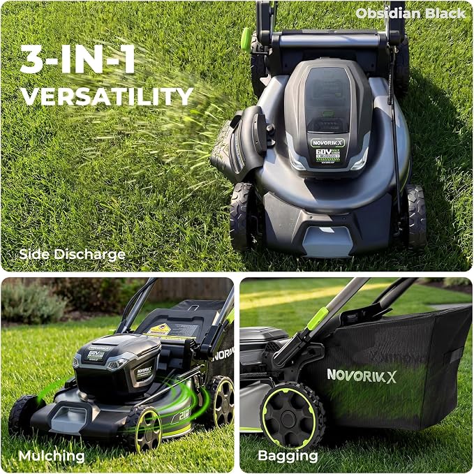 NovorikX 60V Cordless Lawn Mower with 2X5.0Ah Battries, 21" Self Propelled Electric Lawn Mower, Brushless Motor, LED Headlight 3 in 1 Mulching Bagging Side Discharge Obsidian Black