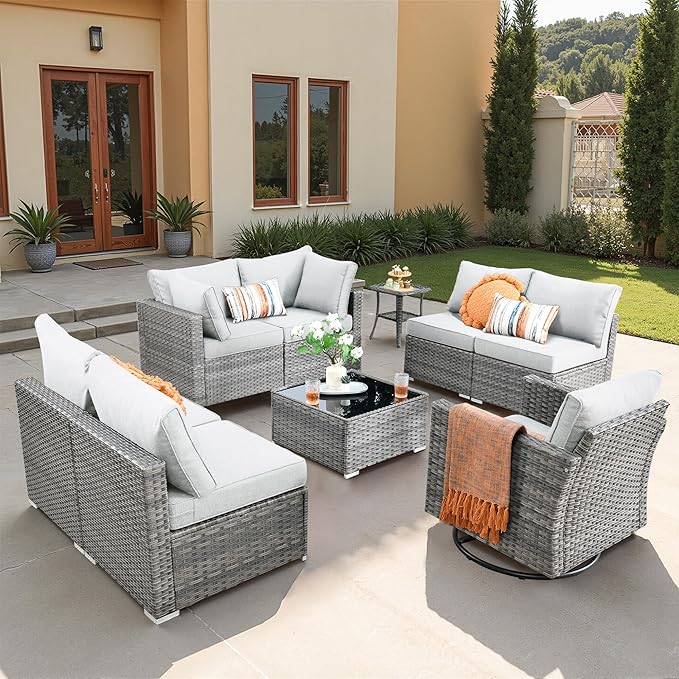 9 PCS Outdoor Patio Furniture Sets with Wicker Rocking Chair,Wicker Weather Resistant Patio Conversation Set with Comfy Cushions,Modular L Shaped Sofa with Coffee Table for Yard,Light Grey