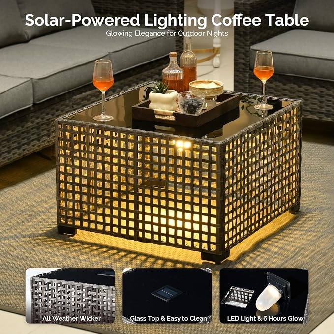 6 Piece Wicker Patio Furniture Set with Solar Table, Dark Gray | Outdoor Deep Seating Sofa Chair Ottoman, Solar Lights Table, All Weather Rattan, Modern Conversation Set, Porch Deck Backyard