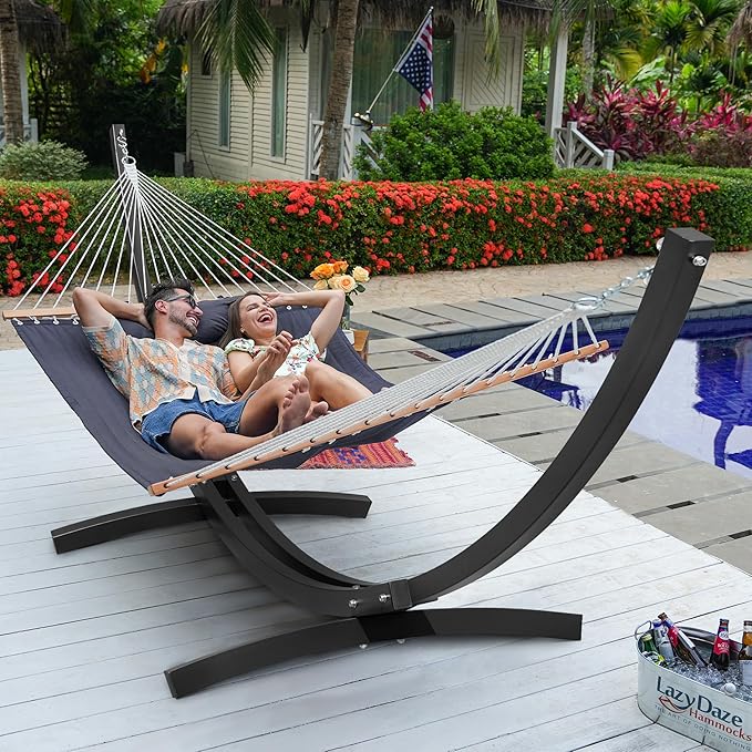 Lazy Daze Hammocks 12 FT 2 Person Double Quilted Hammock with Curved Steel Heavy Duty Stand and Pillow for Outside, Backyard, Patio, 450 Lbs Capacity, Dark Grey