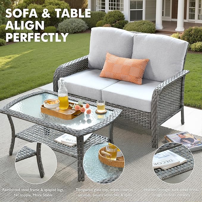 Weaxty Wicker Patio Furniture Set with Swivel Rocker Chairs Outdoor Loveseat Sofa and Rattan Coffee Table, 5 Pieces Outdoor Conversation Sets for Patio Porch Deck Backyard Poolside, Light Gray