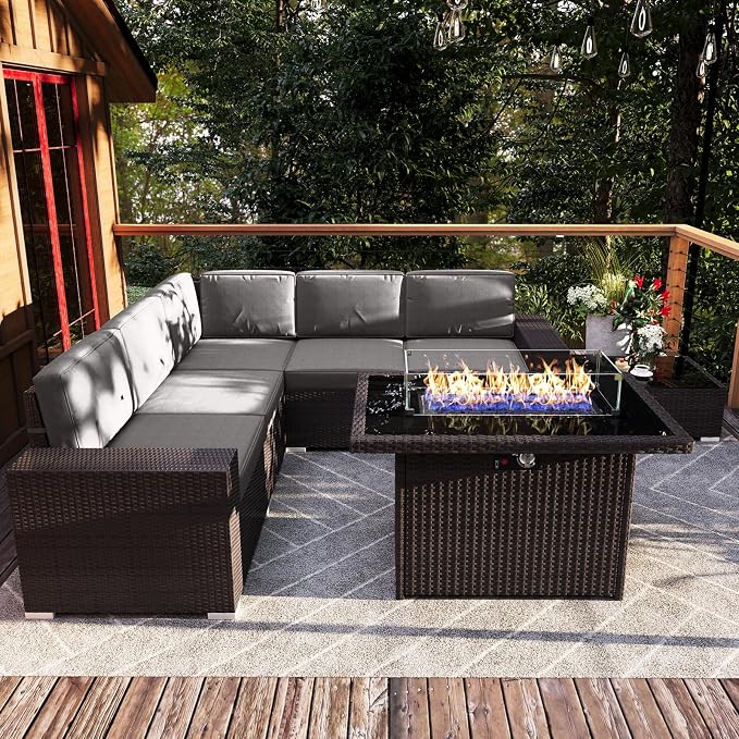 7 Pieces Patio Furniture Set with 44" Propane Gas Fire Pit Table, Outdoor Sectional Wicker Conversation Sofa Sets with Coffee Table