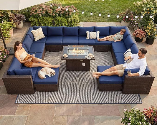 NICESOUL 15 Piece Outdoor Sectional with Fire Pit Table, Modern Luxury Patio Deep Seating w/Firepit, 29.3'' High-Back Wicker Couch Thick, Big High-Weight Capacity Sofa for Garden, Yard, Brown & Blue