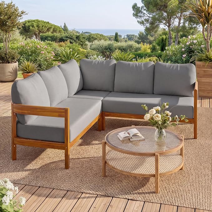 VilroCaz Outdoor Patio Furniture Set, L-Shaped Acacia Wood Sectional Sofa with 6 Soft Seat Cushions and Backpack, All-Weather Conversation Set with Arc Frame for Garden Backyard Porch (Grey-3.19)