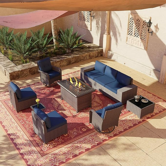 10 PCS Outdoor Patio Furniture Set,Outdoor Sectional Furniture with 43" 55000 BTU Gas Propane Fire Pit Table,PE Rattan Wicker Patio Conversation Set,Swivel Rocking Chairs Set,Navy Blue
