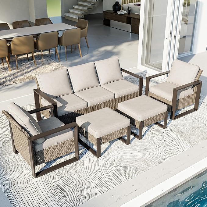 Outdoor Patio Furniture Set, 5 Piece Wicker Patio Conversation with Deep Seating, Thicken Cushions, Outdoor Club Chair, Metal Outdoor Furniture for Deck, Porch, Yard Use (Beige, 5 PCS/Chairs)