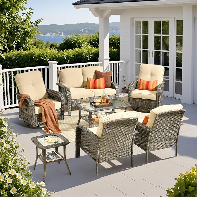 Weaxty Wicker Patio Furniture Set with Swivel Rocker Chairs Outdoor Loveseat Sofa and Rattan Coffee Table, 5 Pieces Outdoor Conversation Sets for Patio Porch Deck Backyard Poolside, Black