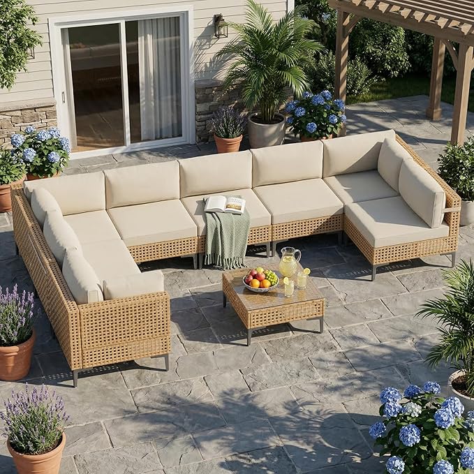 Patio Furniture Set 9 Piece Large Outdoor Sectional Free Combination Outdoor Furniture with Thick Cushion All Weather Wicker Boho Patio Conversation Sets for Porch, Deck