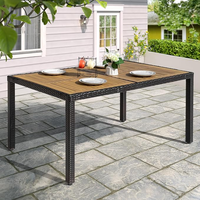 NUU GARDEN 59 x 35 Inch Outdoor Patio Dining Table for 6, Acacia Wood Slatted Tabletop with Rattan Wrapped Metal Frame, All Weather Outdoor Table for Garden Backyard Lawn, Black