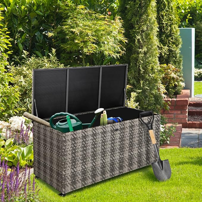 Tangkula 96 Gallon Deck Box, PE Wicker Outdoor Storage Box with 4 Wheels and Waterproof Liner, Outdoor Rectangular Storage Container for Cushions, Garden Tools (Mix Gray)