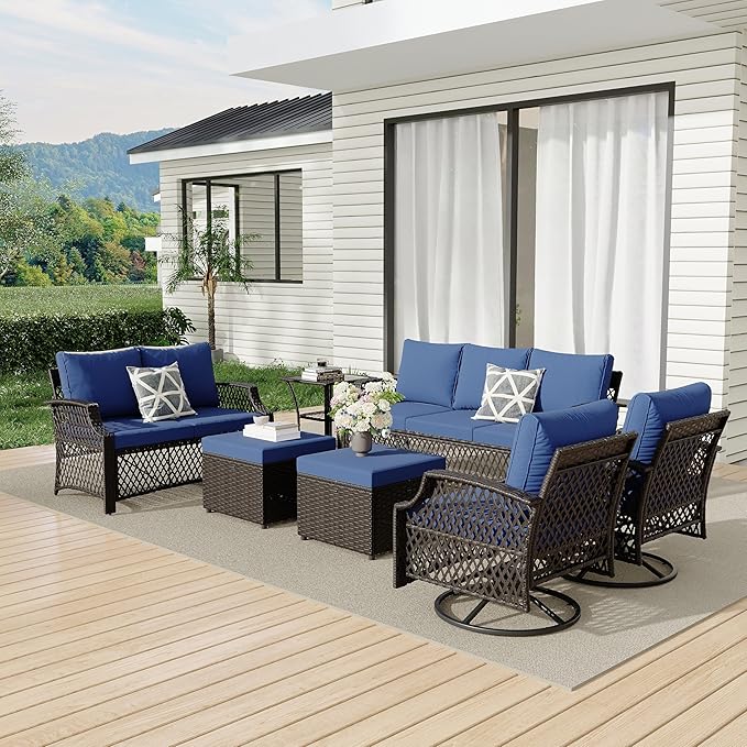 HOMREST 7 Piece Patio Furniture Set, Wicker Outdoor Conversation Sofa Set with Swivel Chairs, 2 Ottomans, Glass Side Table, Rattan Outdoor Sectional for Deck Backyard Porch （9 Seats, Navy Blue