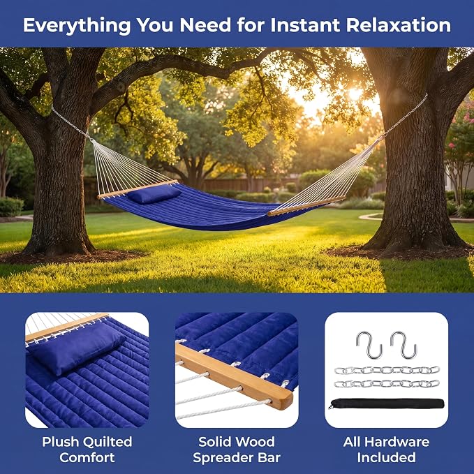 Double Quilted Hammock with Spreader Bar, Pillow & Chains, 450 lbs Capacity, Weather Resistant, for Patio, Backyard, Beach, Outdoor, Navy Blue
