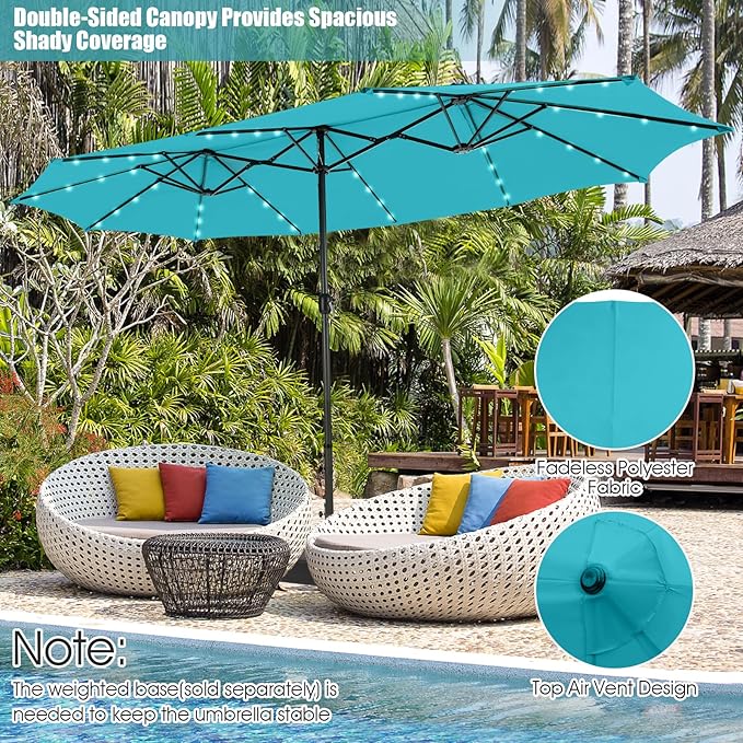 Giantex 15 FT Double Patio Umbrellas with 48 Solar LED Lights, Auto-Charging Panel, Crank System, Outdoor Extra-Large Rectangle Market Table Umbrella for Garden Deck Backyard Beach Pool