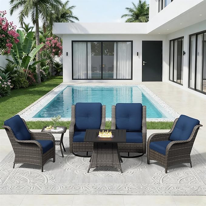 6 Pieces Outdoor Wicker Patio Furniture Set with Fire Pit Table, Patio Chair Set with Thickened Olefin Cushions, High Back and Deep Seating, Hand-Woven PE Rattan for Porch, Deck