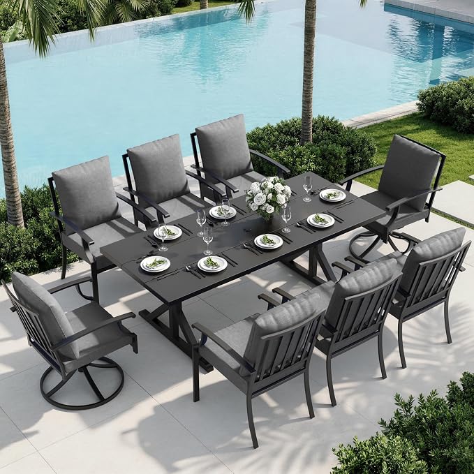 9 Piece Outdoor Dining Set for 8, Metal Patio Table and Chairs with Cushions, Patio Furniture Set with 2 Swivel Chairs, Rectangular Metal Dining Table with Umbrella Hole, Lawn Deck Yard-Grey