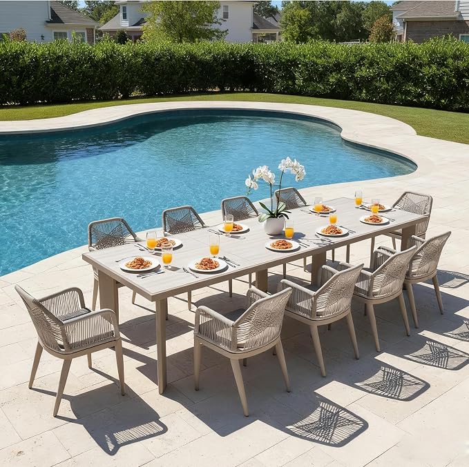 PURPLE LEAF 11 Pieces Patio Dining Set Aluminum Modern Oversize Rectangular Table and Rattan Arm Chairs with Cushions for Kitchen Porch Garden Outdoor Furniture Sets, Champagne