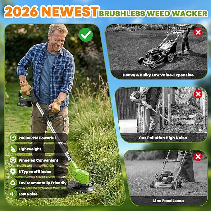 Cordless Electric Weed Wacker with Wheels, 3-in-1 Grass Trimmer & Brush Cutter & Lawn Edger, 3 Types Blade, 2X2000mAh Batteries, Lightweight String Trimmer for Garden and Yard Lawn, Gifts for Seniors