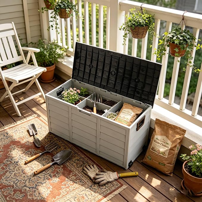 75 Gallon Large Outdoor Storage Box, Indoor and Outside Deck Box with Lockable Design Lids, Waterproof Resin Storage Containers Bin for Garden Garage Patio Poolside Toy Storage Black & Gray