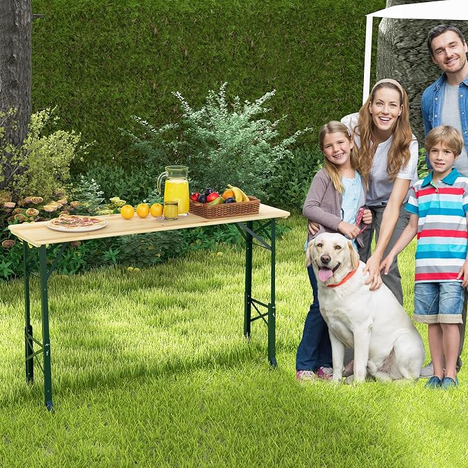 Goplus Folding Picnic Beer Table, 66.5” Outdoor Camping Table with Adjustable Heights, Umbrella Hole and Wood Top, Rectangular Portable Picnic Table for Patio Garden Party Backyard, No Assembly
