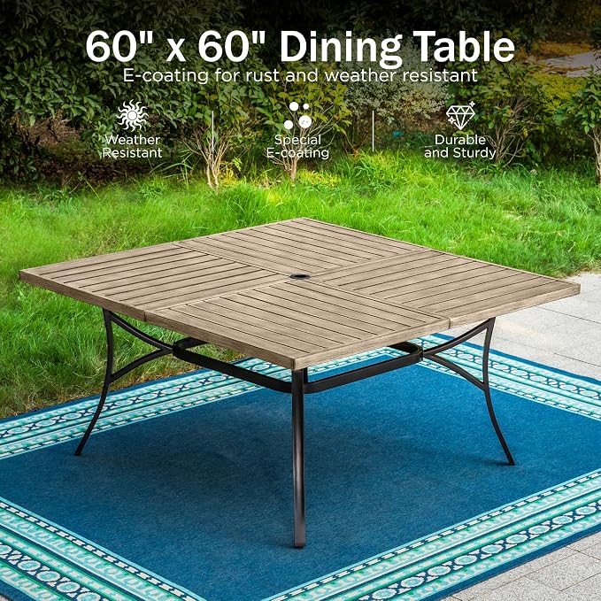 PHI VILLA 9 Pcs Outdoor Dining Set& Square Wood-Like Wrought Iron Table | Swivel Metal Steel Chairs, Large Outside Furniture Set for Patio, Porch, Deck, Backyard