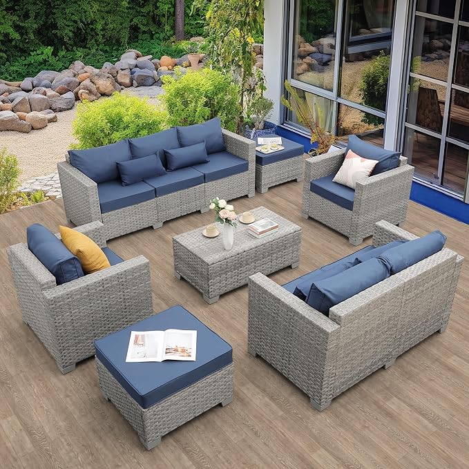 WAROOM Patio Furniture Set 7 Piece Grey Wicker Outdoor Conversation Sets PE Rattan Sectional Sofa with Storage Coffee Table and Anti-Slip Navy Blue Cushion