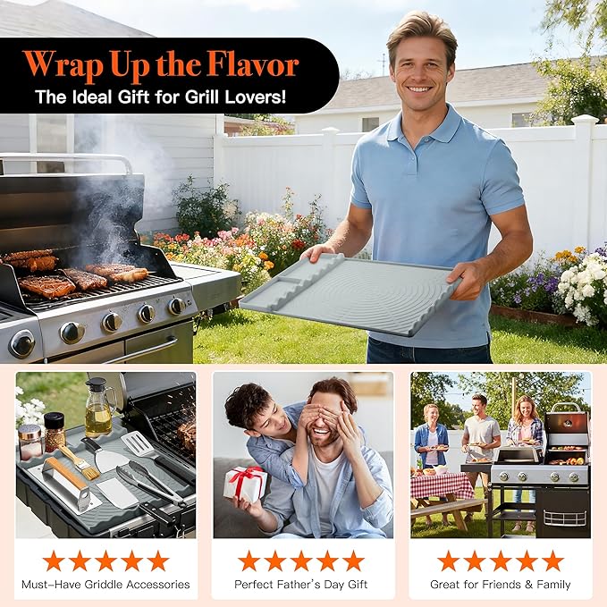 Silicone Grill Mat for Blackstone - BBQ Griddle Tools Side Mat with Drip Pad, Griddle Tools Mat for Outdoor Kitchen Countertop, BBQ Grill Accessories Gifts for Men (Gray)