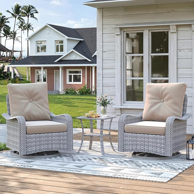 3 Piece Wicker Patio Furniture Set, Swivel Rocking Chairs with 4''Cushions, PE Rattan, Rust Resistant Frame, Double Layer Glass Side Table, for Backyard, Deck or Balcony, Beige